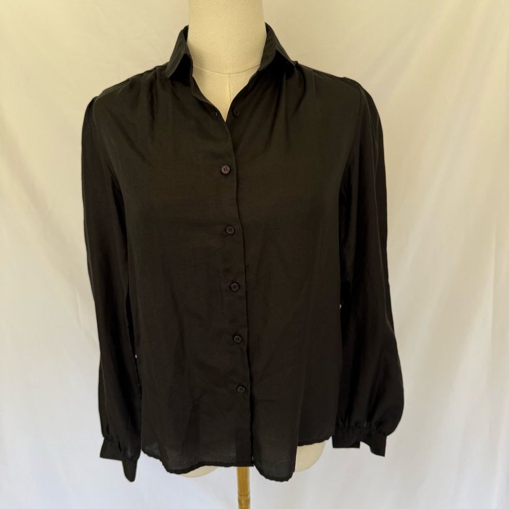 Vintage 100% Silk Puff Sleeve Button Down Blouse Black Sz 6